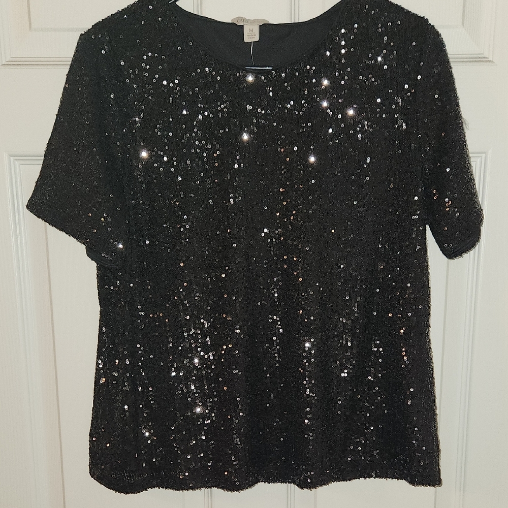 Cato Black Sequin Short Sleeve Top